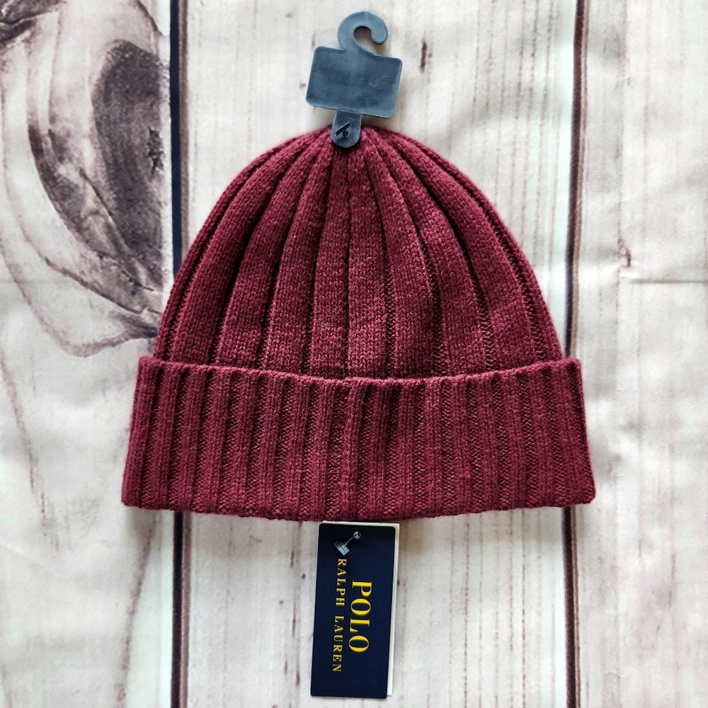NWT Polo Ralph Lauren Beanie Wool Blend Rib Knit Cuff Pony Logo Maroon Unisex - Picture 3 of 5
